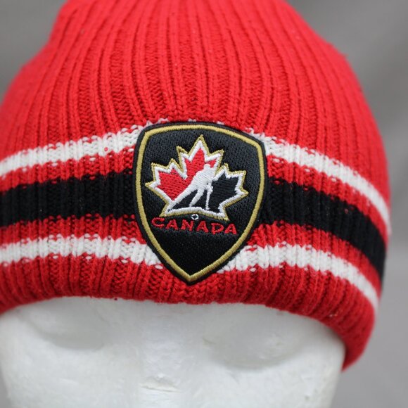 Team Canad Toque / Beanie - 3 Stripe with Crested Logo - Adult Stretch Fit - Picture 2 of 8